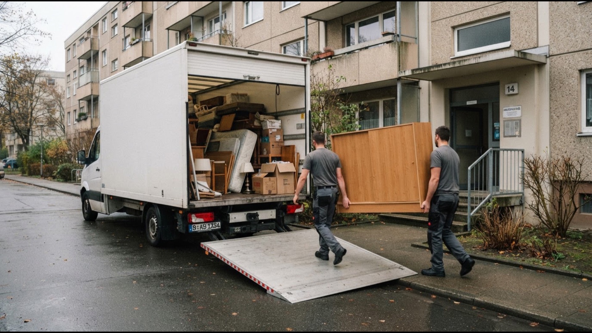 Transporter mit heruntergelassener Ladebordwand vor einem Wohnhaus, zwei Mitarbeiter tragen einen Schrank aus dem Hauseingang